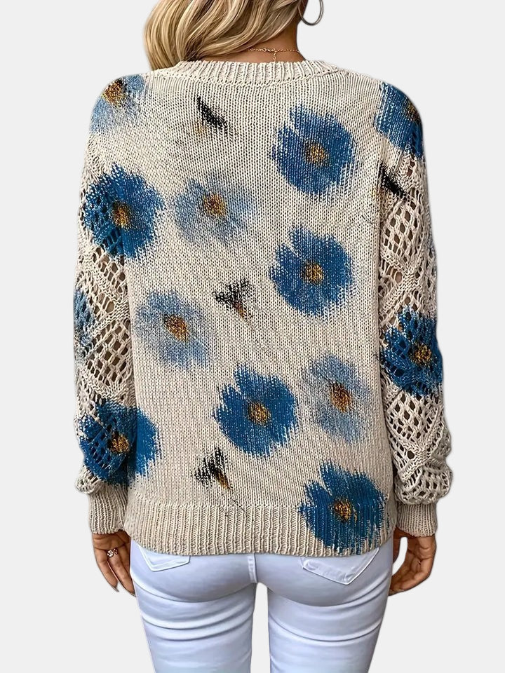 Women's Floral Knit Sweater – V-Neck Long Sleeve