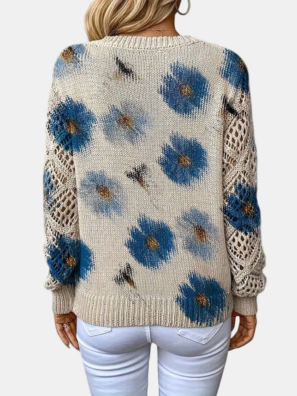Women's Floral Knit Sweater – V-Neck Long Sleeve