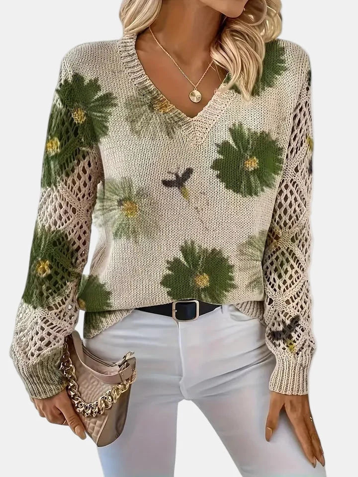 Women's Floral Knit Sweater – V-Neck Long Sleeve