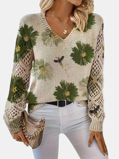 Women's Floral Knit Sweater – V-Neck Long Sleeve