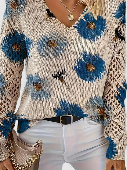 Women's Floral Knit Sweater – V-Neck Long Sleeve