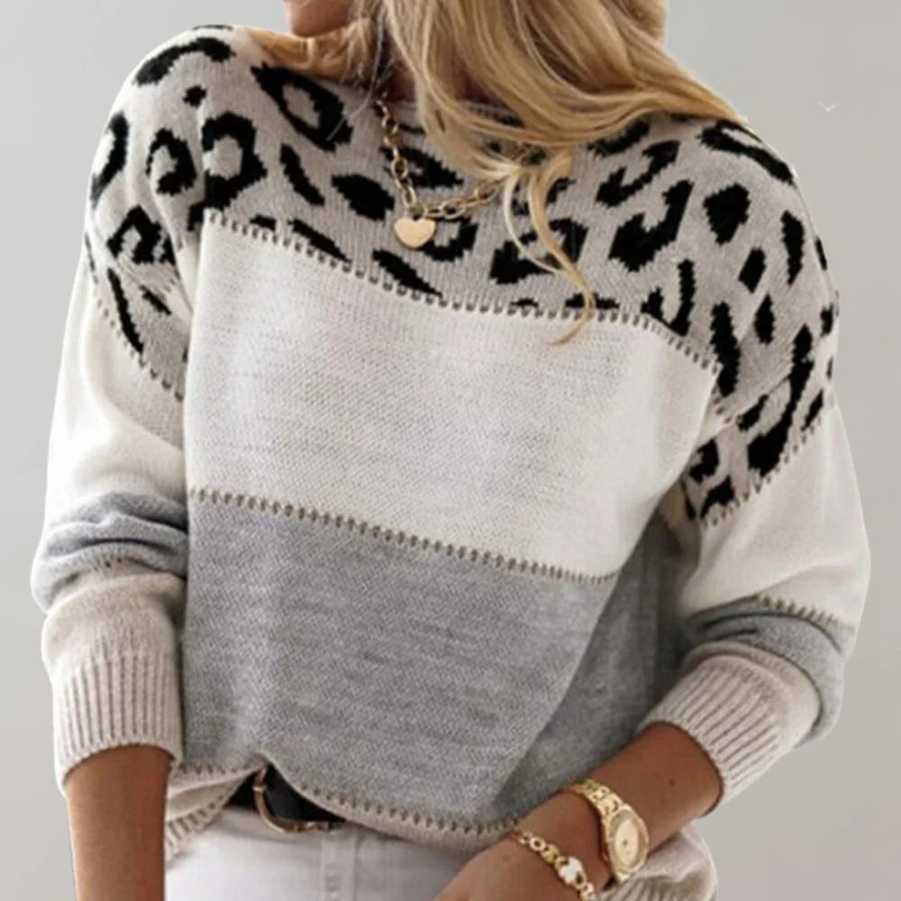 Women's Leopard Print Sweater – Color Block Long Sleeve