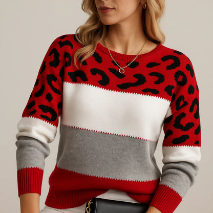 Women's Leopard Print Sweater – Color Block Long Sleeve
