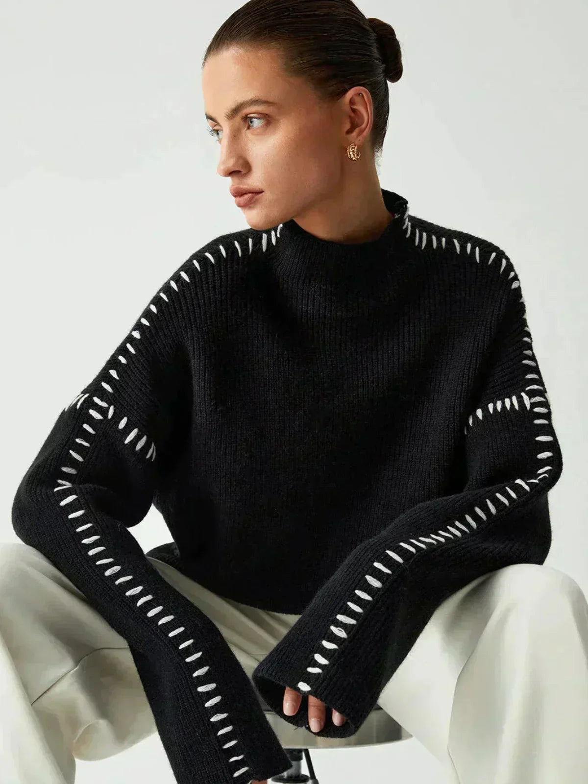 Women's Oversized Mock Neck Sweater – Whipstitch Detail