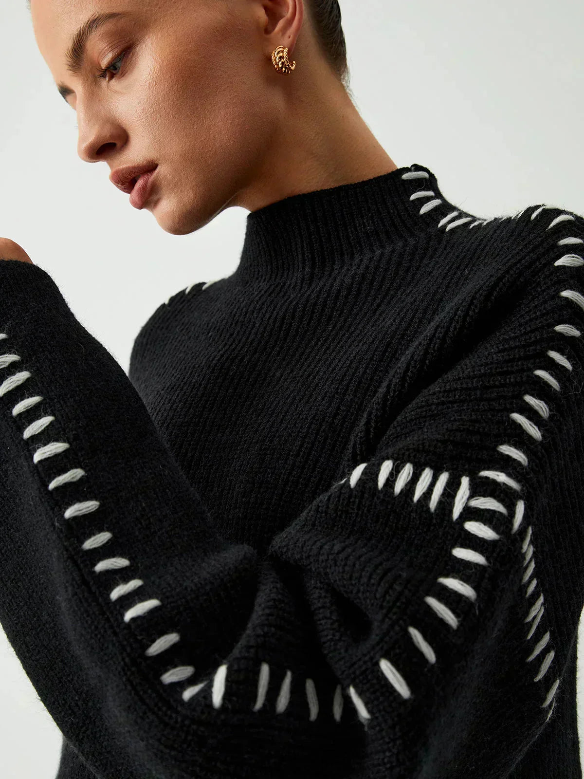 Women's Oversized Mock Neck Sweater – Whipstitch Detail