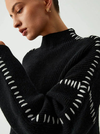 Women's Oversized Mock Neck Sweater – Whipstitch Detail