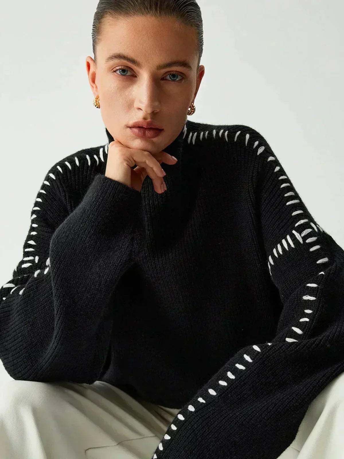 Women's Oversized Mock Neck Sweater – Whipstitch Detail