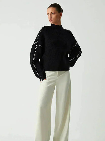 Women's Oversized Mock Neck Sweater – Whipstitch Detail