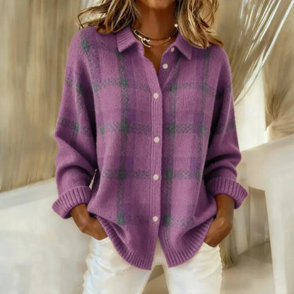 Women's Plaid Knit Sweater – Collared Button Front