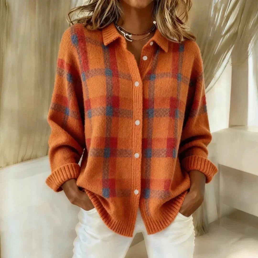 Women's Plaid Knit Sweater – Collared Button Front