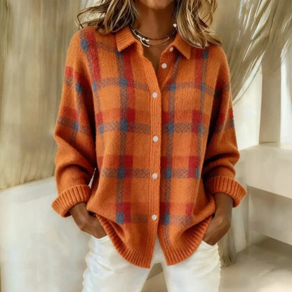 Women's Plaid Knit Sweater – Collared Button Front