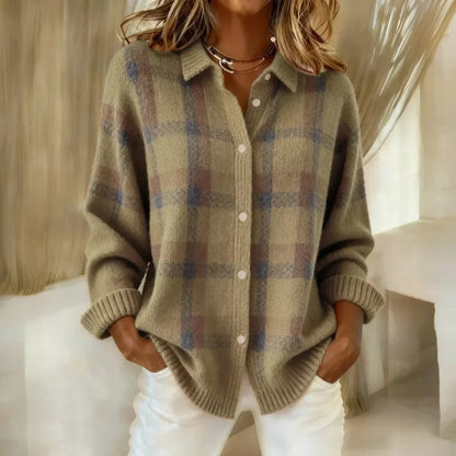 Women's Plaid Knit Sweater – Collared Button Front