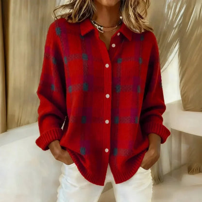 Women's Plaid Knit Sweater – Collared Button Front
