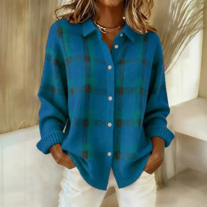 Women's Plaid Knit Sweater – Collared Button Front