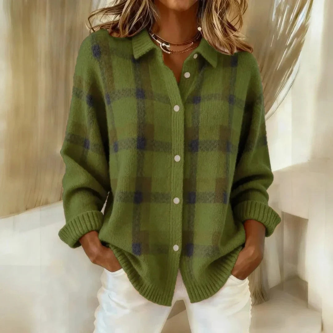 Women's Plaid Knit Sweater – Collared Button Front