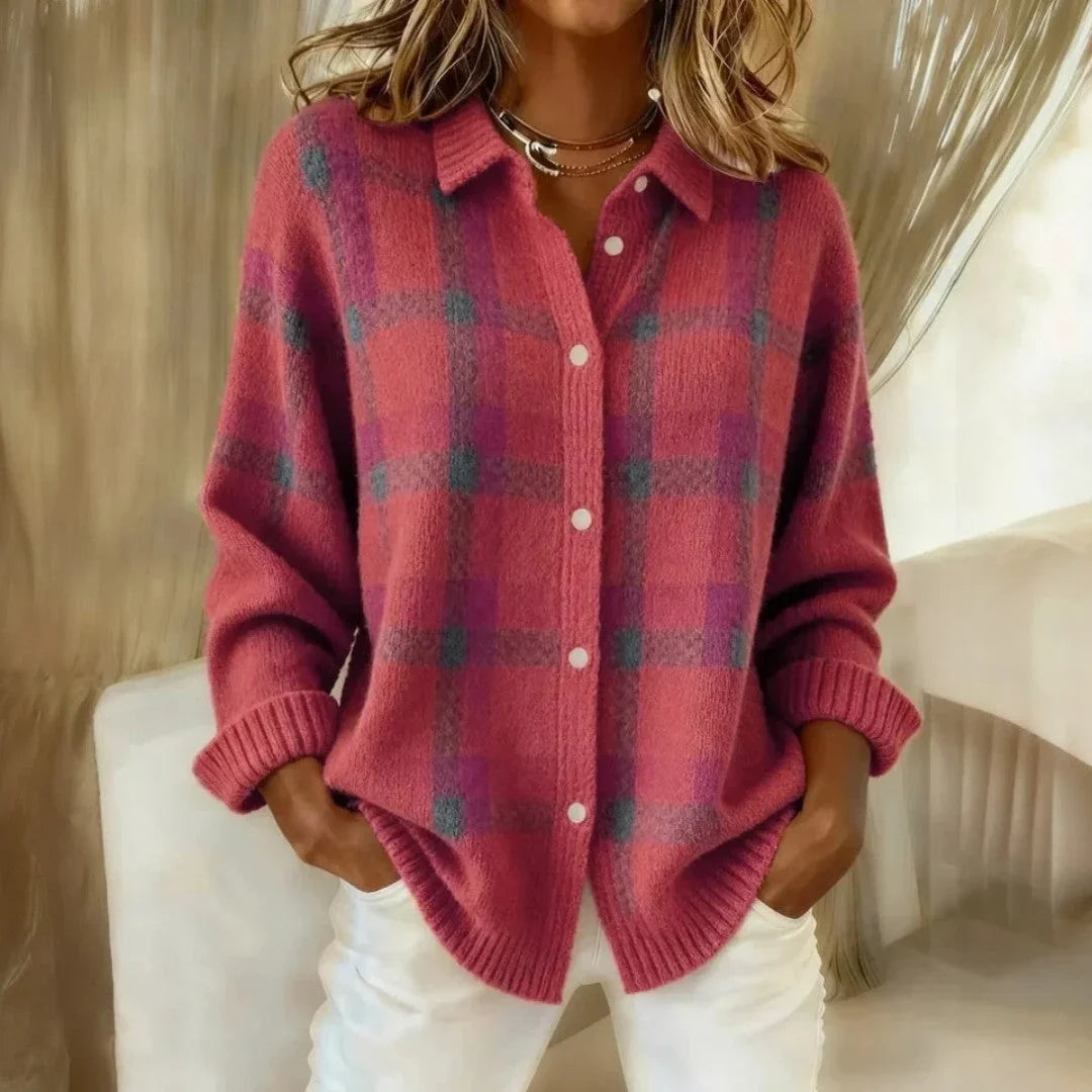 Women's Plaid Knit Sweater – Collared Button Front