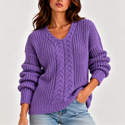 Women's Cable Knit Sweater – V-Neck Long Sleeve