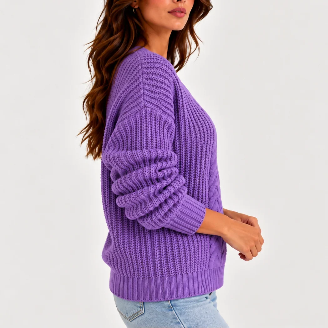 Women's Cable Knit Sweater – V-Neck Long Sleeve