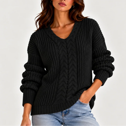 Women's Cable Knit Sweater – V-Neck Long Sleeve