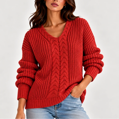Women's Cable Knit Sweater – V-Neck Long Sleeve