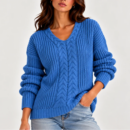 Women's Cable Knit Sweater – V-Neck Long Sleeve