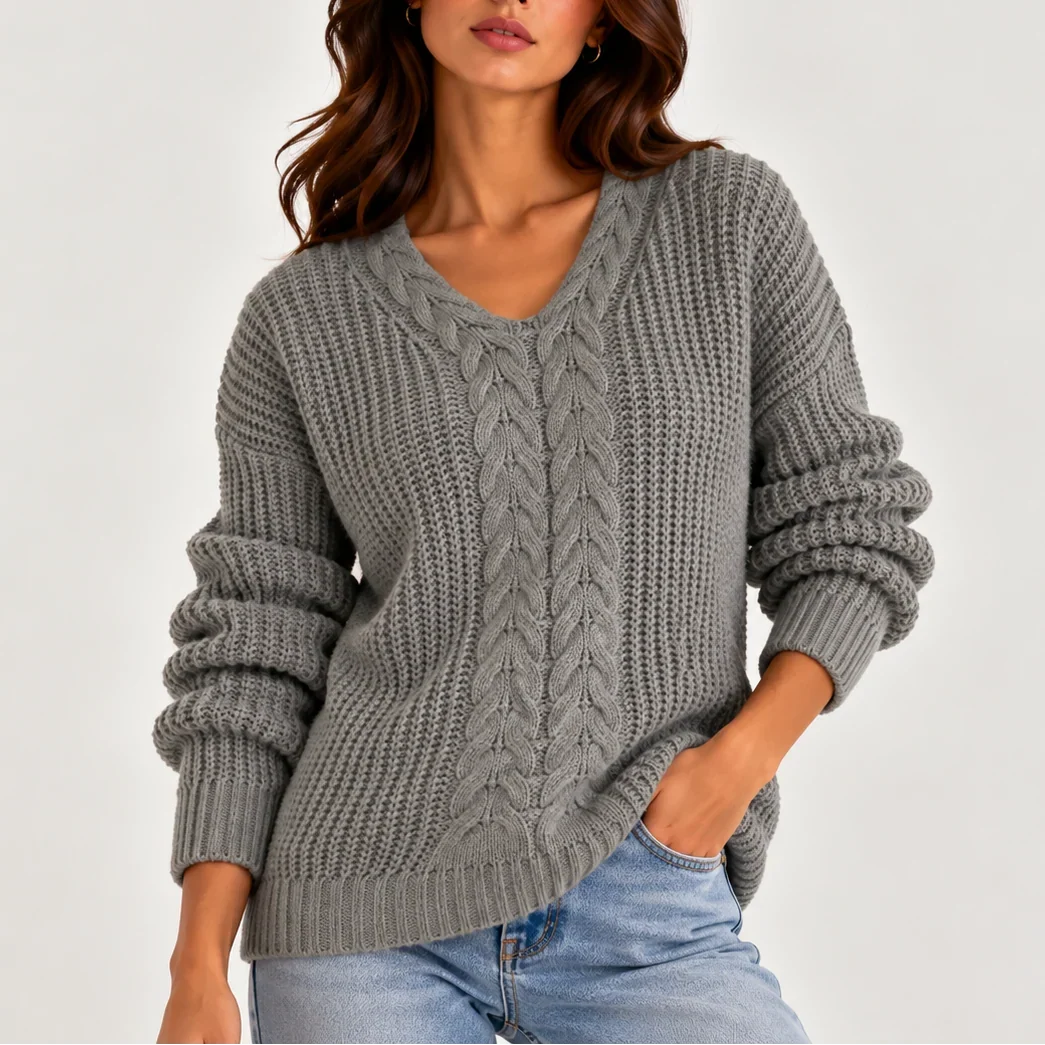 Women's Cable Knit Sweater – V-Neck Long Sleeve