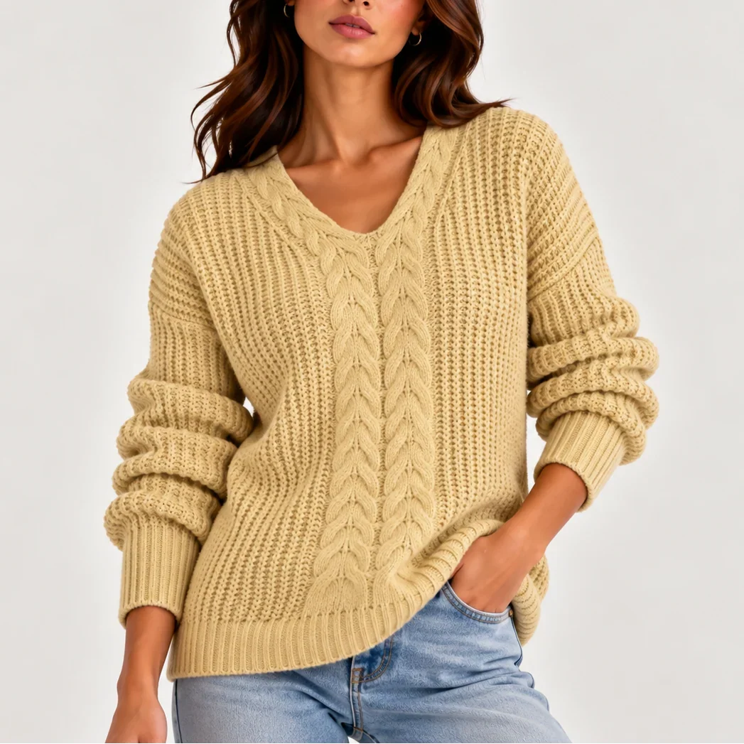 Women's Cable Knit Sweater – V-Neck Long Sleeve