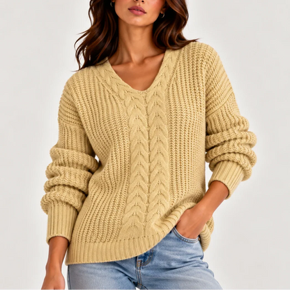 Women's Cable Knit Sweater – V-Neck Long Sleeve