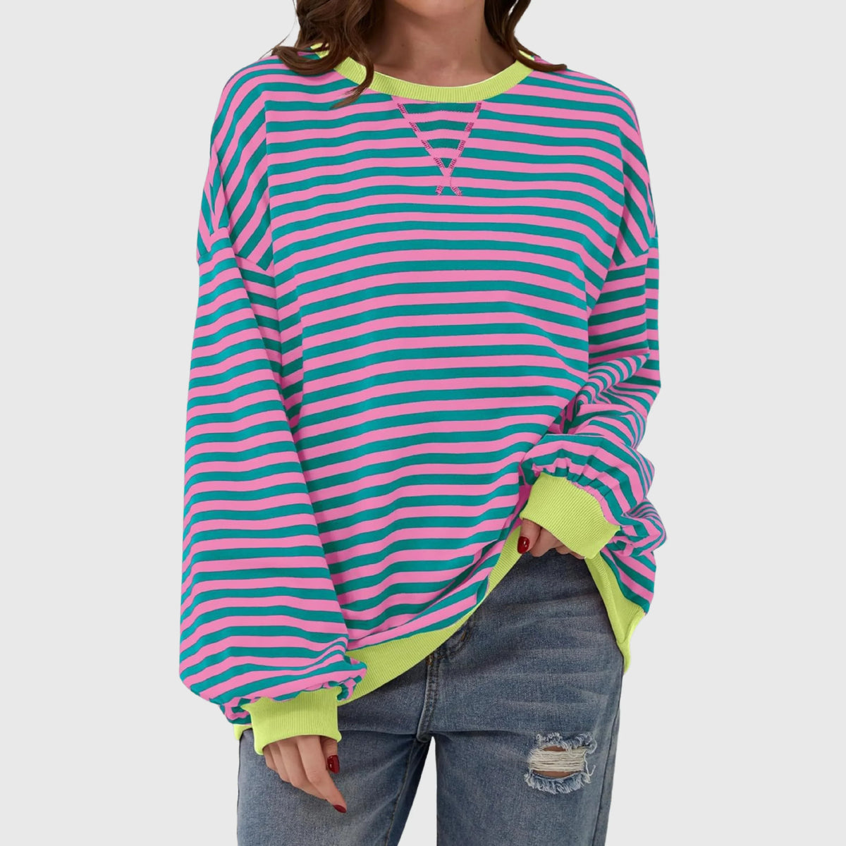 Women's Oversized Striped Sweatshirt – Crewneck Long Sleeve