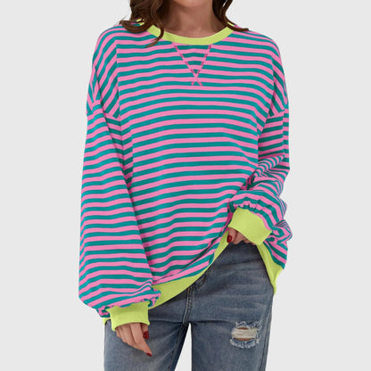 Women's Oversized Striped Sweatshirt – Crewneck Long Sleeve
