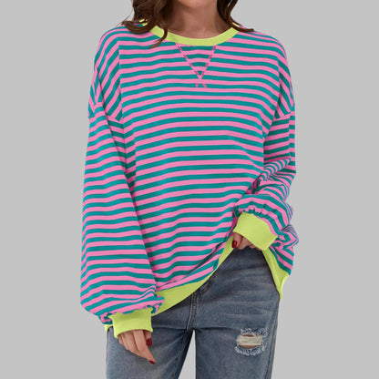 Women's Oversized Striped Sweatshirt – Crewneck Long Sleeve