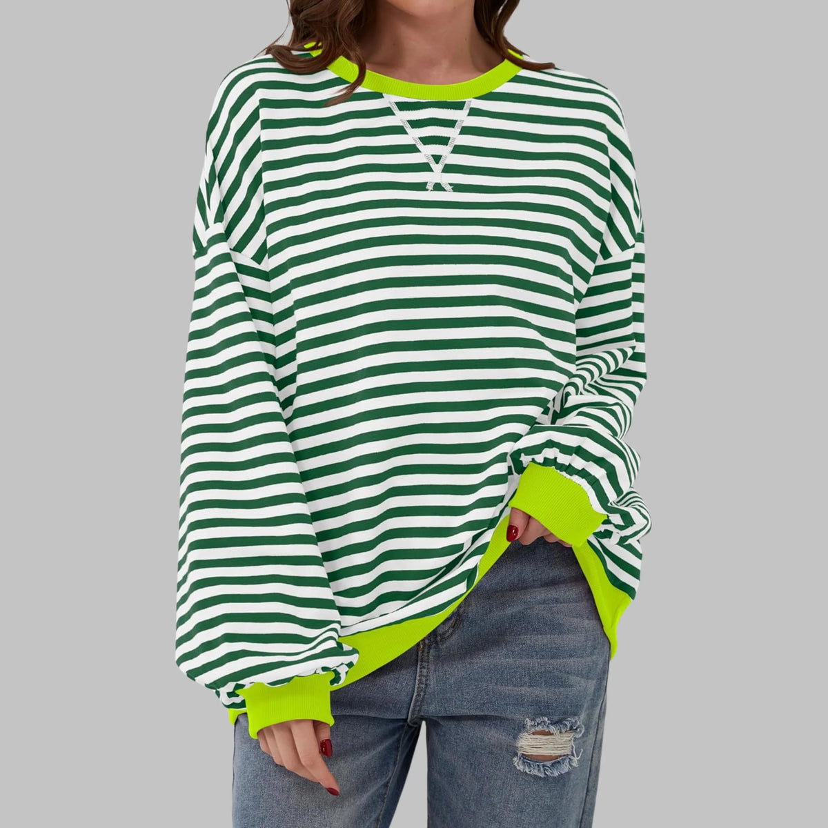 Women's Oversized Striped Sweatshirt – Crewneck Long Sleeve