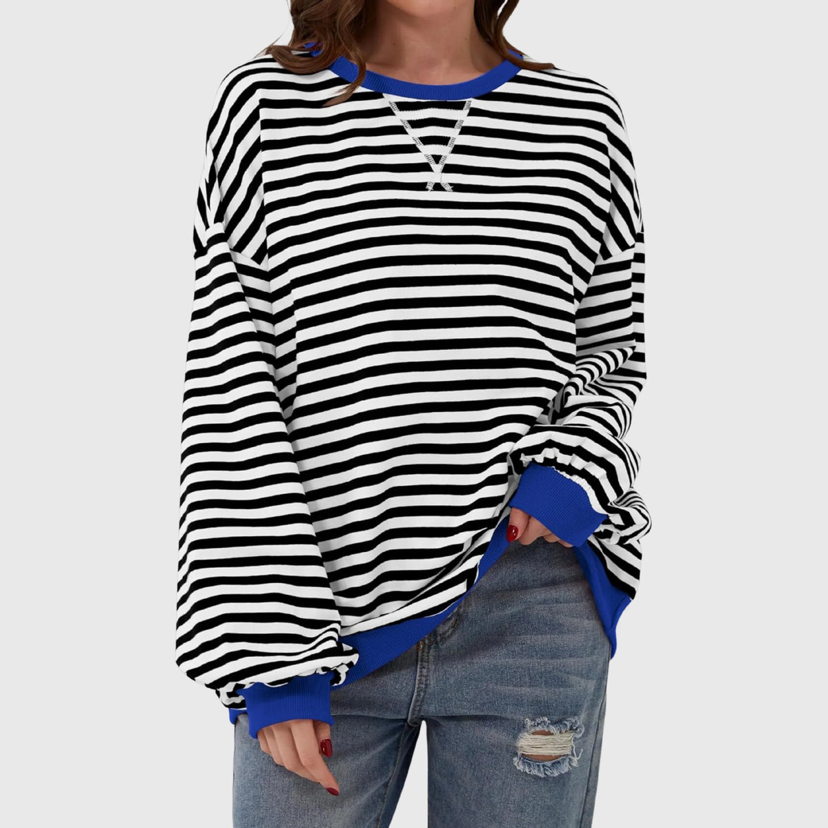 Women's Oversized Striped Sweatshirt – Crewneck Long Sleeve