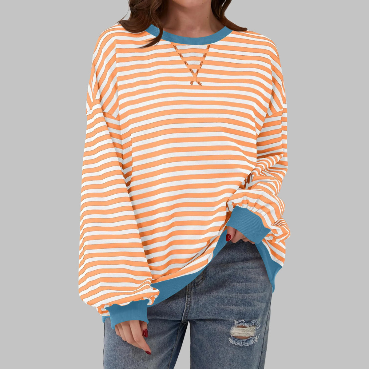 Women's Oversized Striped Sweatshirt – Crewneck Long Sleeve