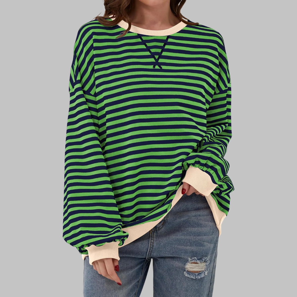 Women's Oversized Striped Sweatshirt – Crewneck Long Sleeve