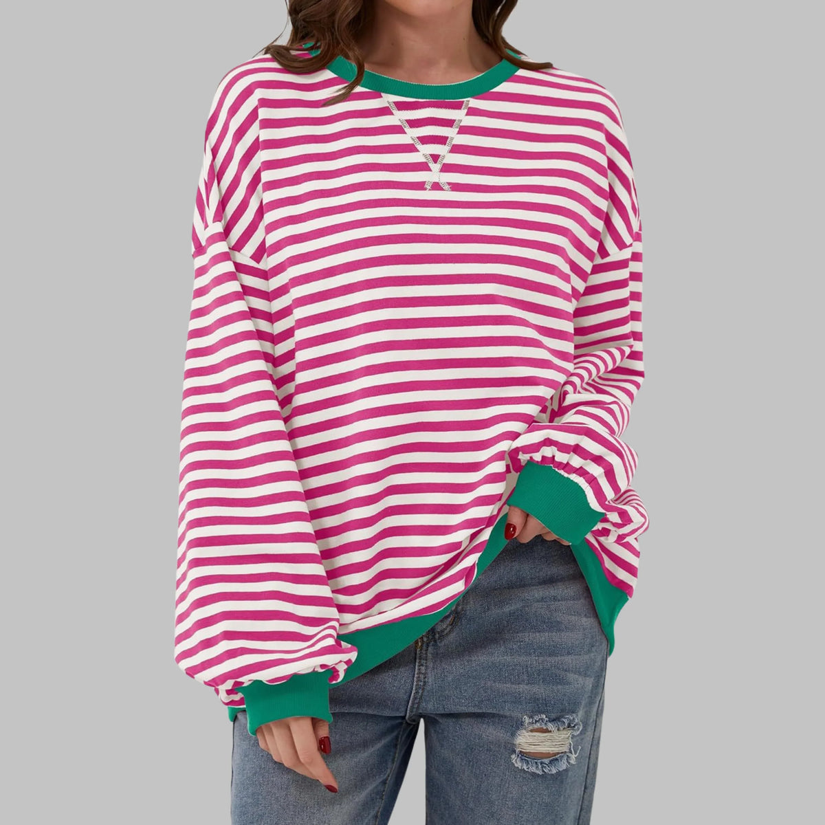Women's Oversized Striped Sweatshirt – Crewneck Long Sleeve