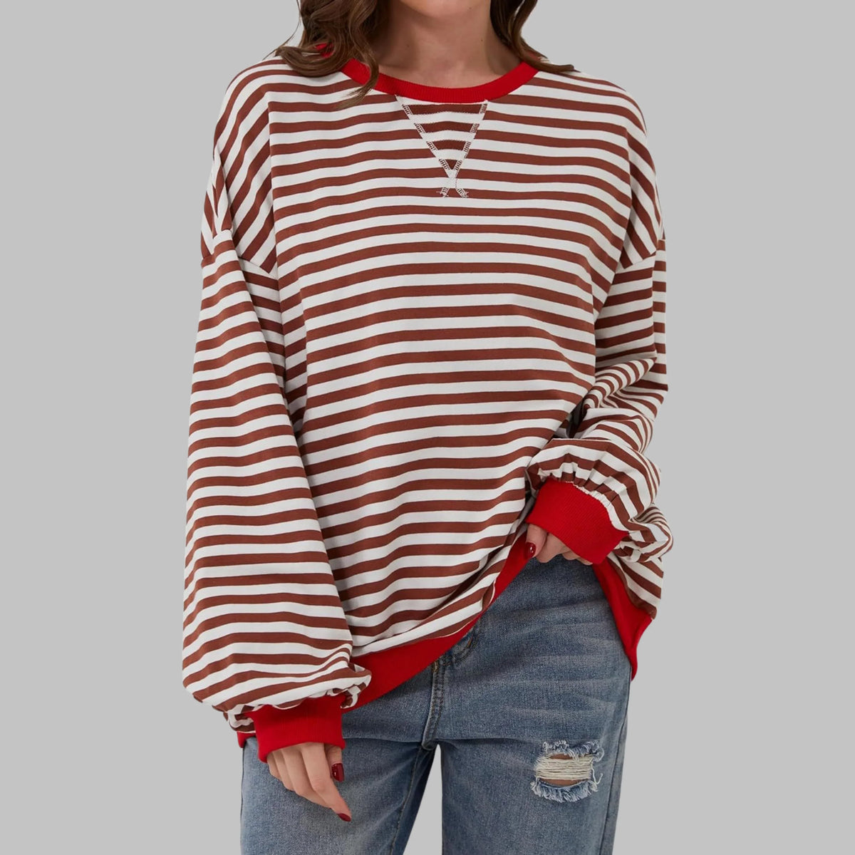 Women's Oversized Striped Sweatshirt – Crewneck Long Sleeve