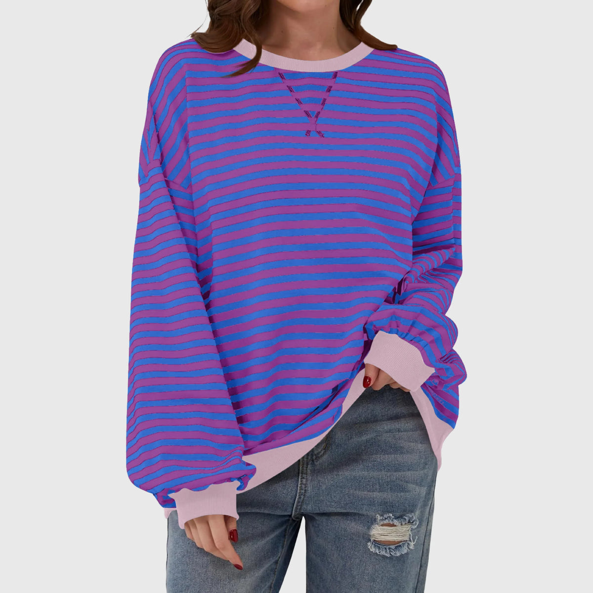 Women's Oversized Striped Sweatshirt – Crewneck Long Sleeve