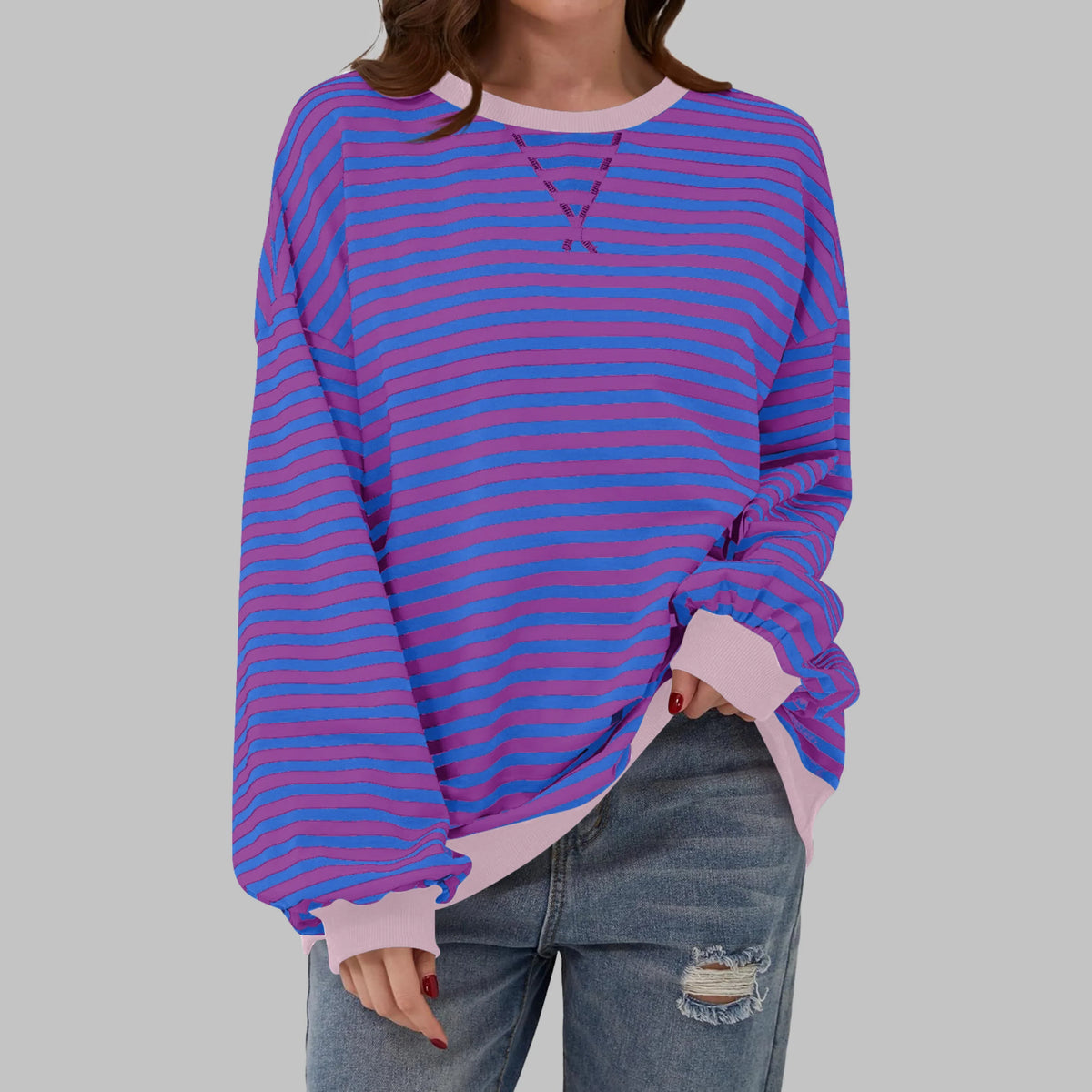 Women's Oversized Striped Sweatshirt – Crewneck Long Sleeve