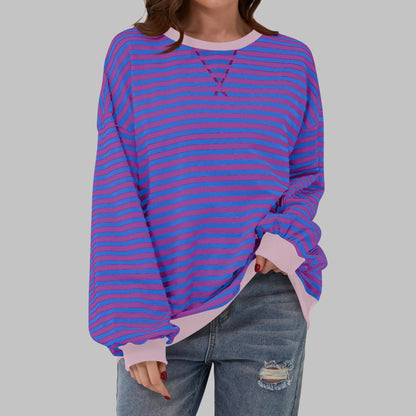 Women's Oversized Striped Sweatshirt – Crewneck Long Sleeve