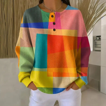 Women's Patchwork Print Sweatshirt – Round Neck Long Sleeve
