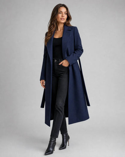 Women's Wool Blend Trench Coat - Belted Long Winter Coat