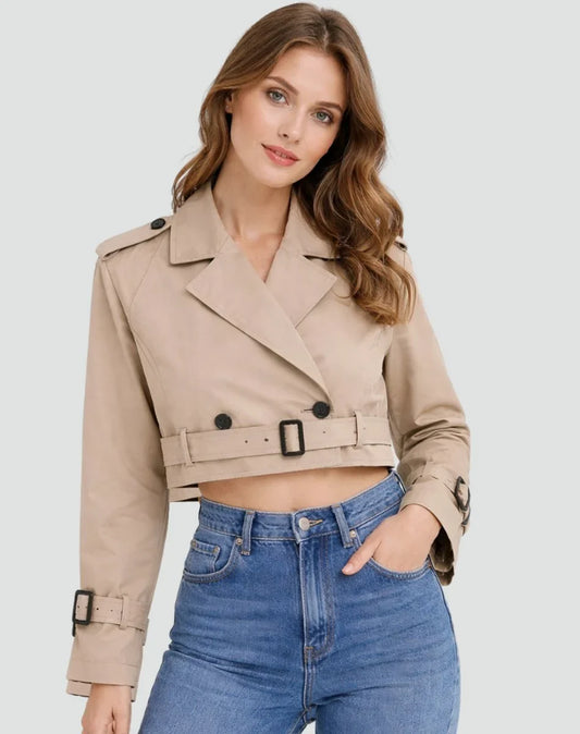 Women's Cropped Trench Coat - Double Breasted Belted Jacket