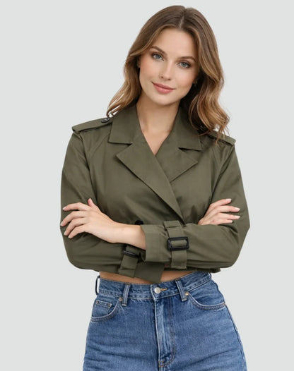 Women's Cropped Trench Coat - Double Breasted Belted Jacket