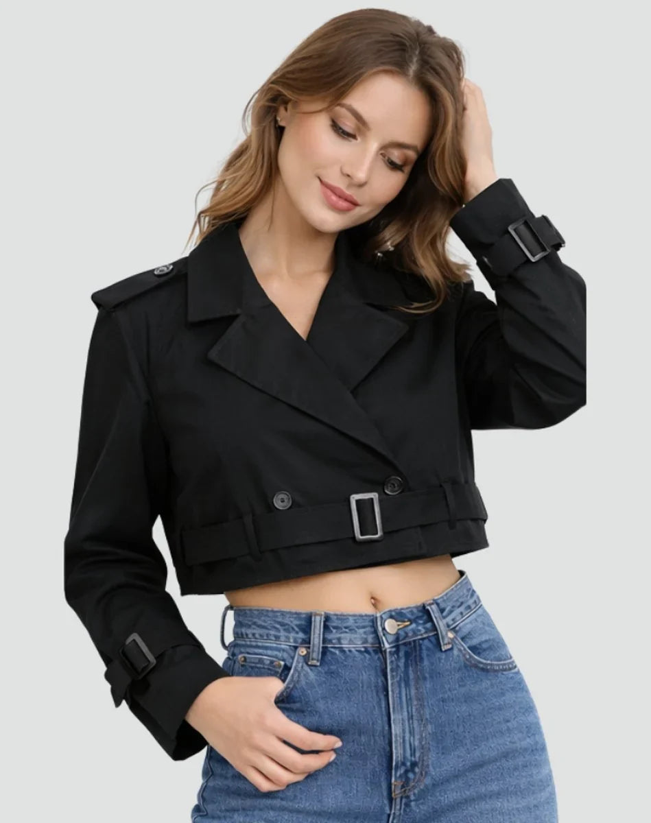 Women's Cropped Trench Coat - Double Breasted Belted Jacket