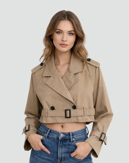 Women's Cropped Trench Coat - Double Breasted Belted Jacket