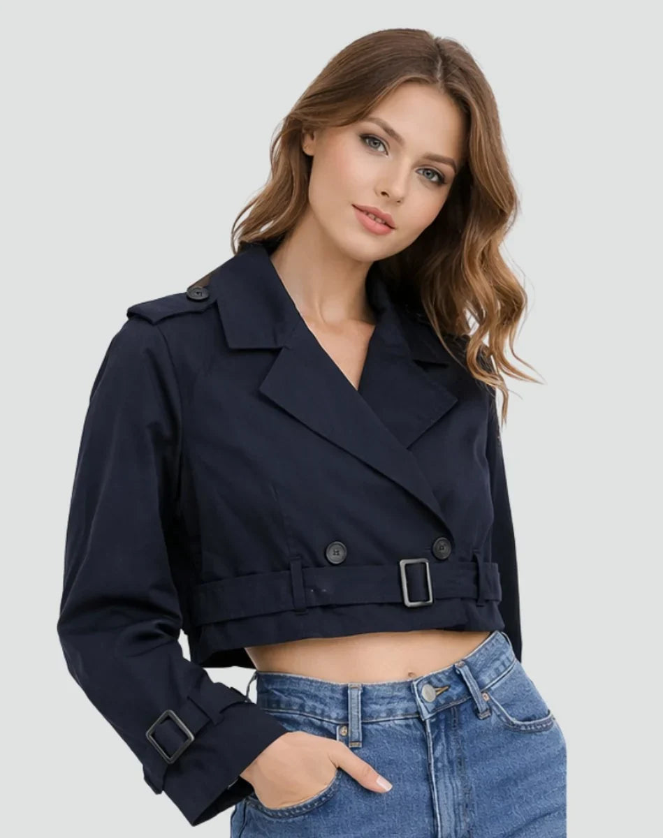 Women's Cropped Trench Coat - Double Breasted Belted Jacket