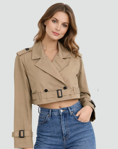 Women's Cropped Trench Coat - Double Breasted Belted Jacket