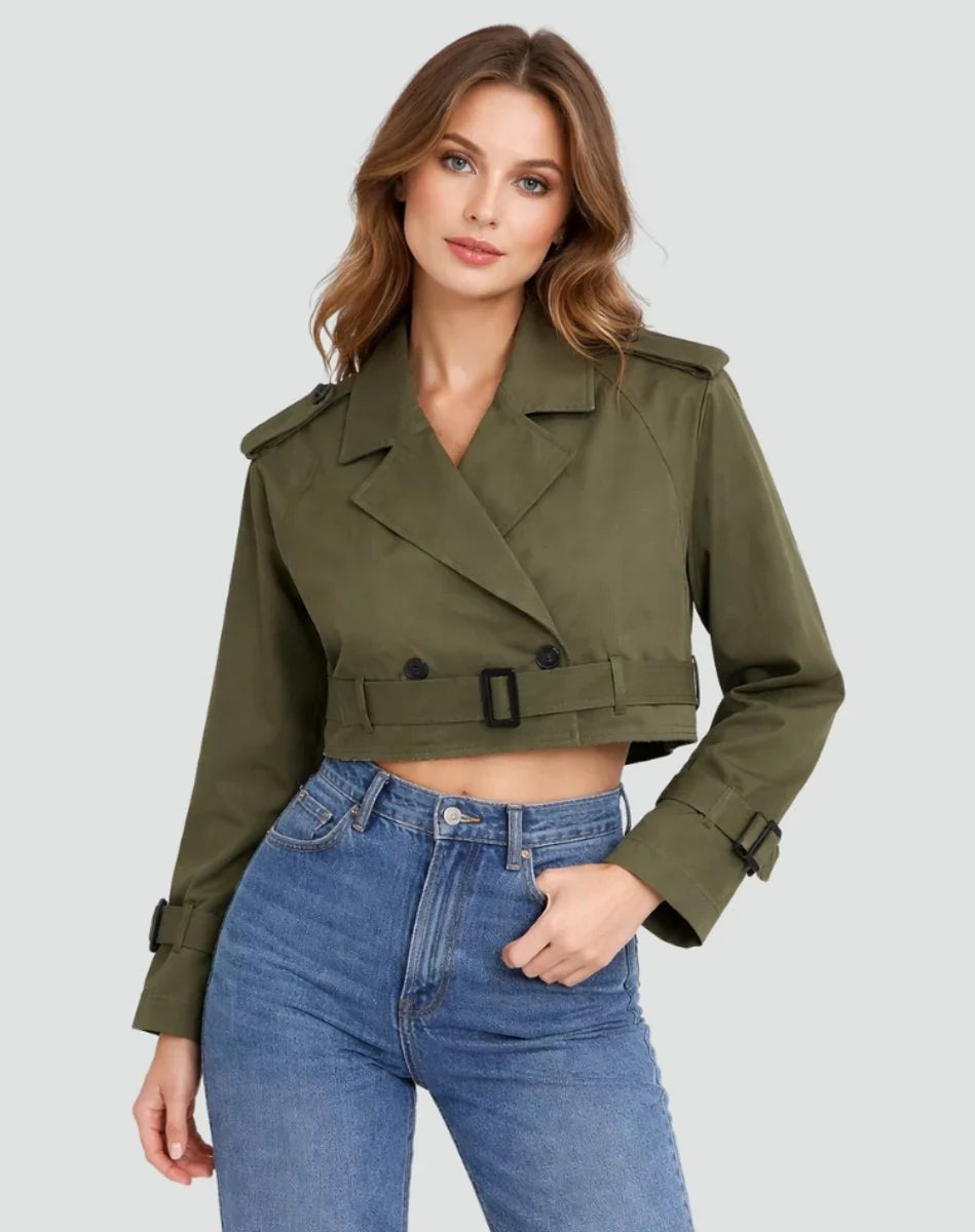 Women's Cropped Trench Coat - Double Breasted Belted Jacket