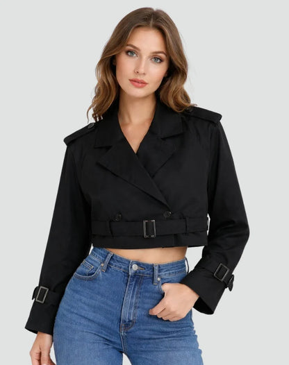 Women's Cropped Trench Coat - Double Breasted Belted Jacket
